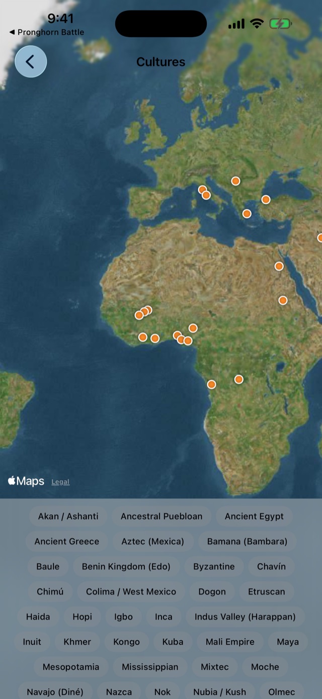 Historical cultures marked on a satellite world map