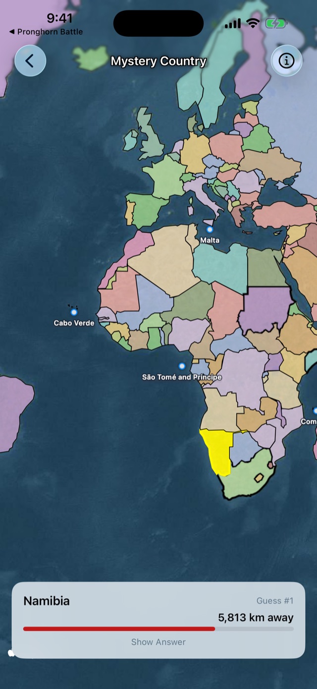 Mystery Country gameplay showing how far away a guess is