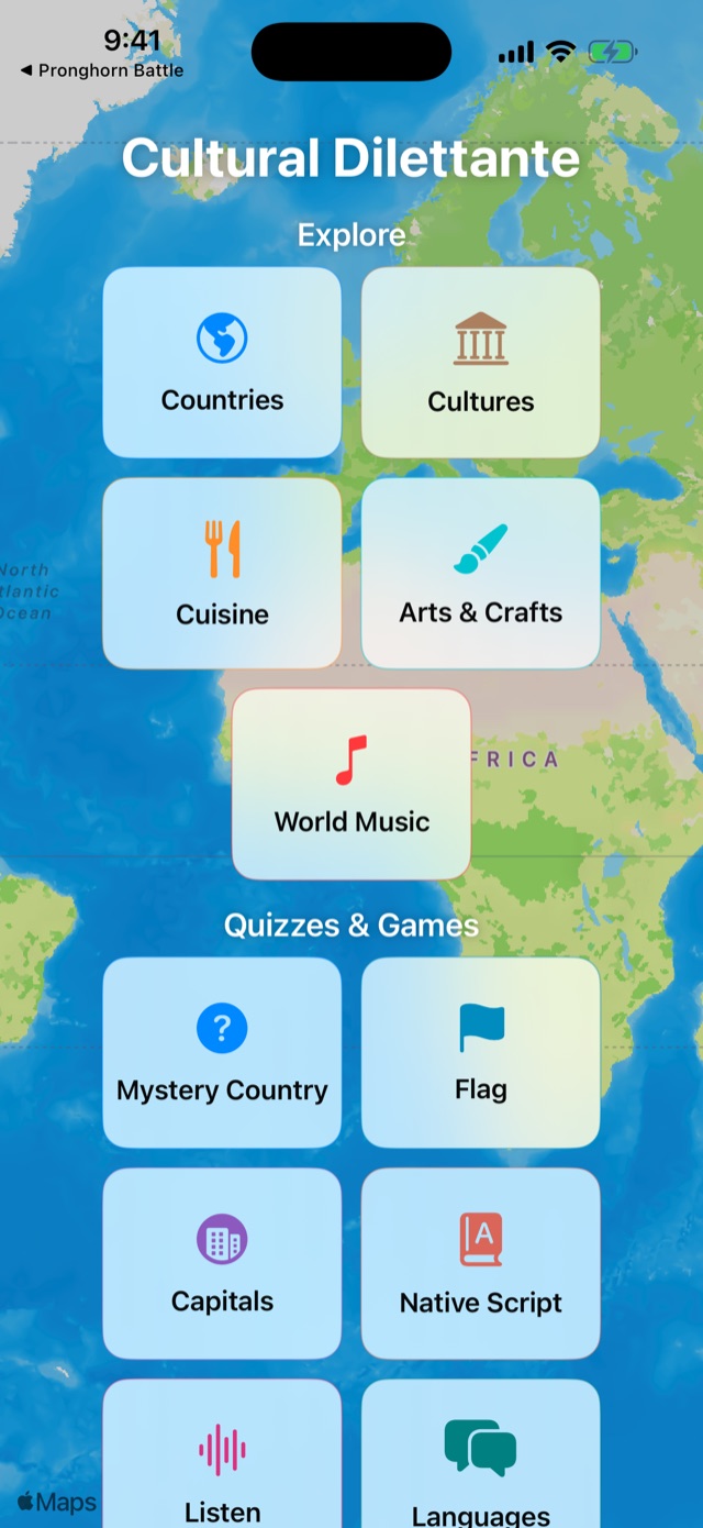 Cultural Dilettante's menu of quizzes and explorers over the world map